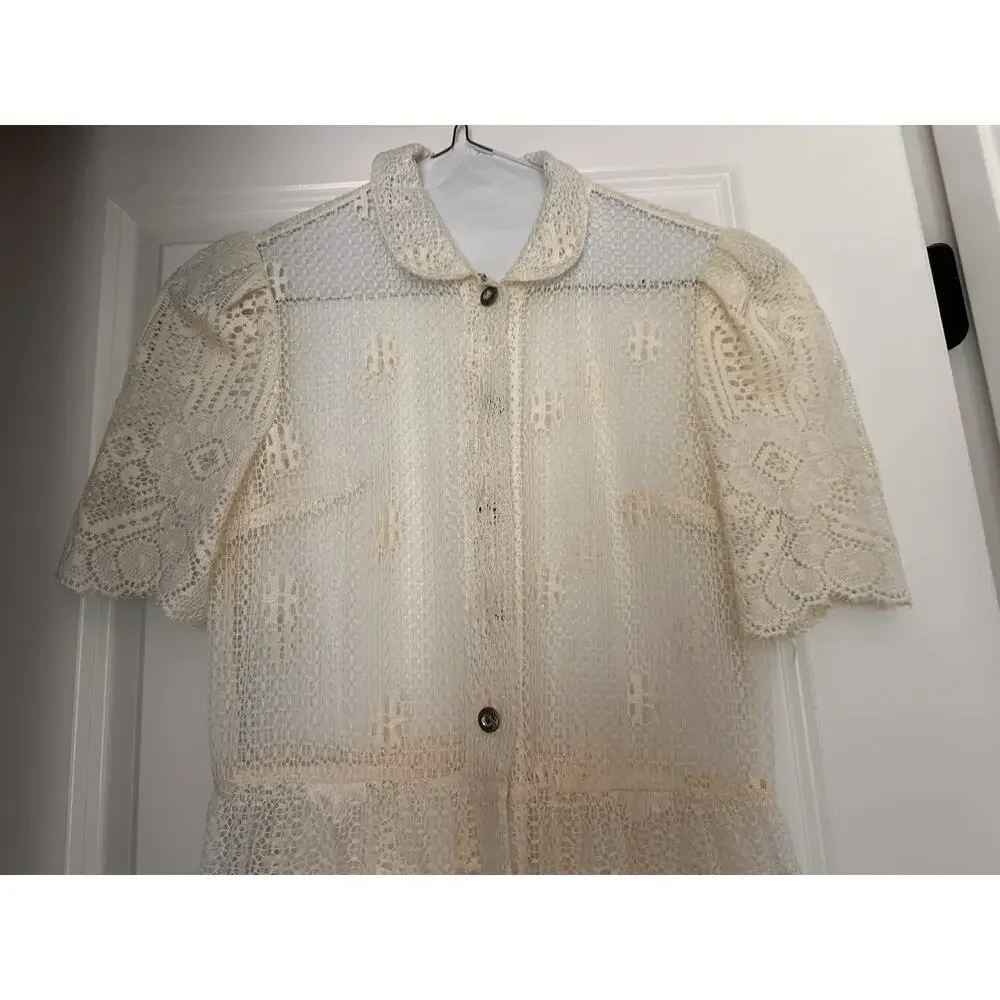 Vintage Fine Lace Dress 4 To 6 1960s With Satin Slip Rhinestone Buttons - Picture 7 of 15
